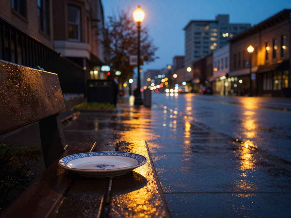 Portland Oregon City Lights Glowing Over Rainy Street Scene with Ceramic Plate and Pebbles in in Portland, Oregon, United States