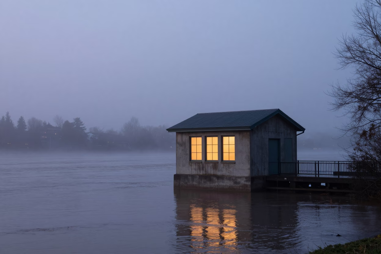 Portland Oregon Dawn Levee Pump House Window Glow Over Floodwater Before Sunrise in in Portland, Oregon, United States
