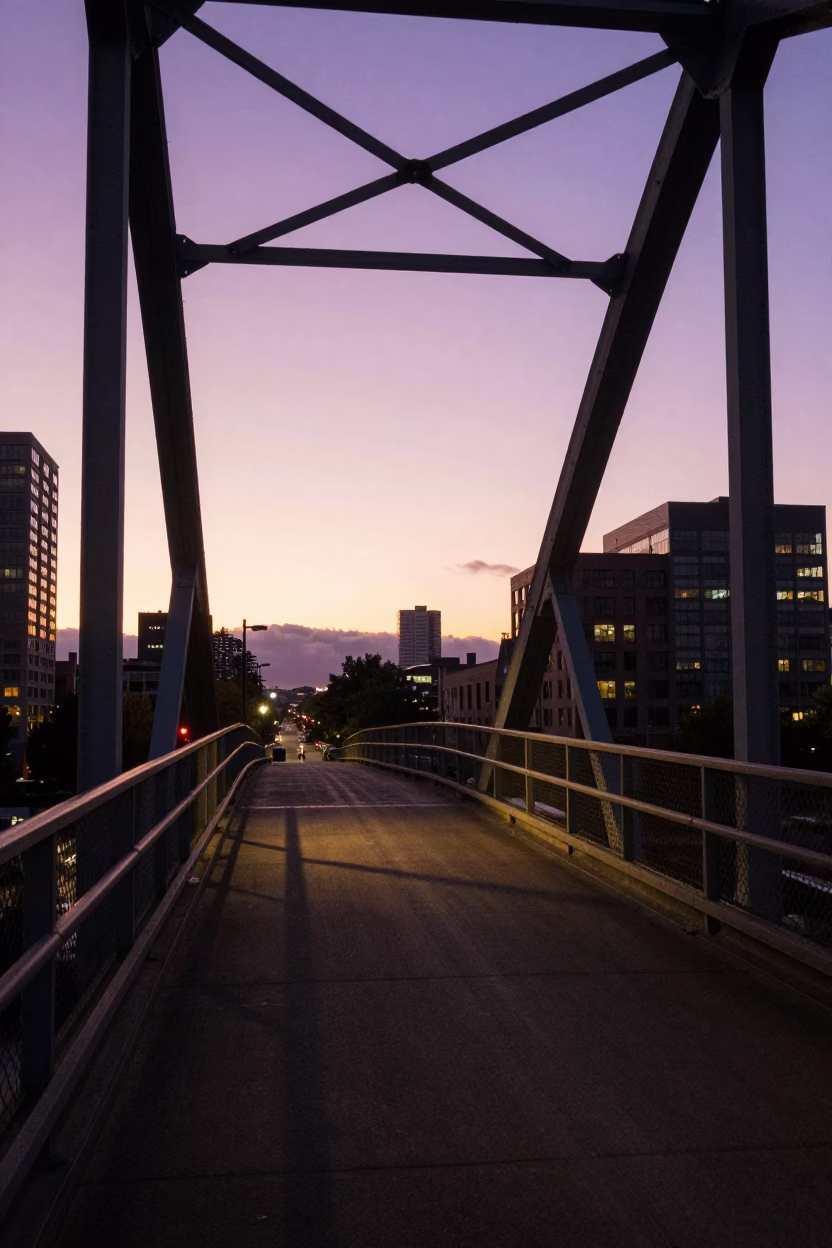 Portland Oregon Dawn Light on Steel Overpass Ramp and Urban Infrastructure in in Portland, Oregon, United States