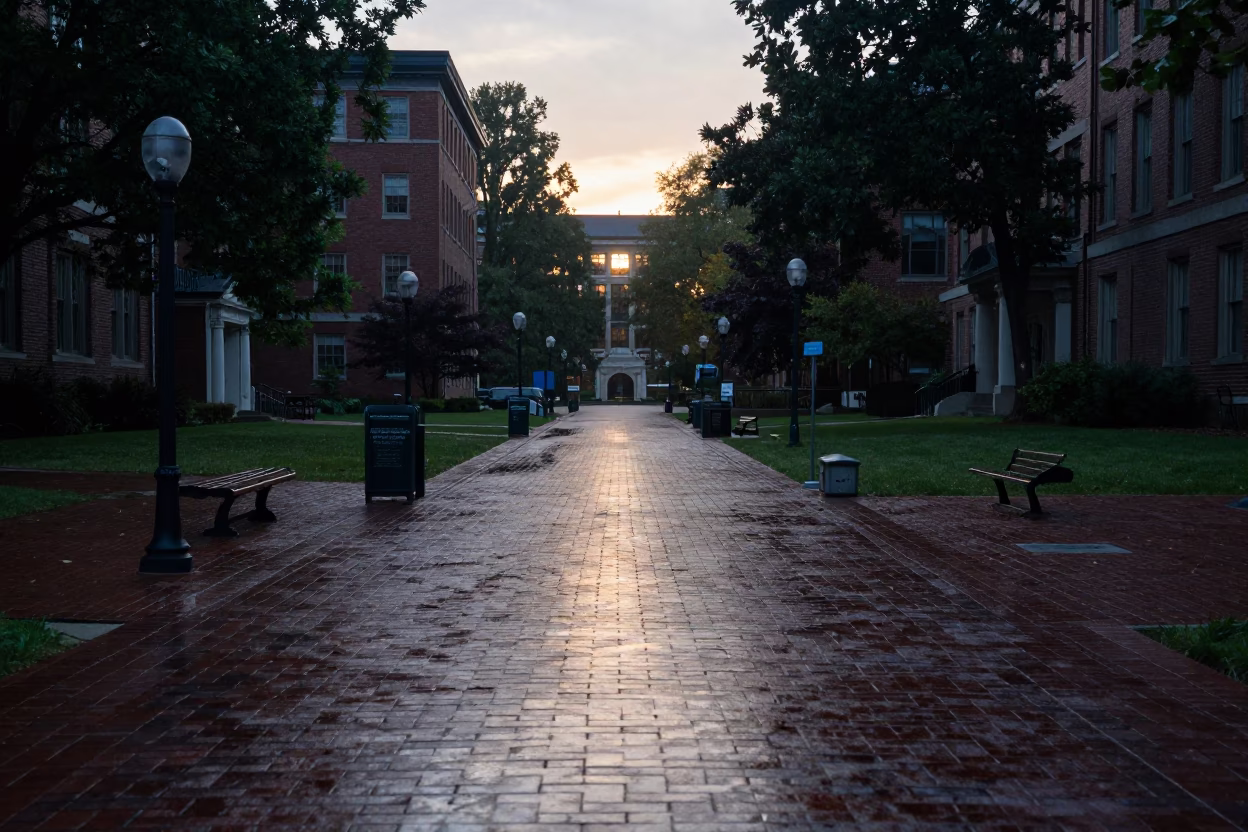 Portland Oregon Dawn Light on Wet Brick Campus Quad and Stacked Ceramic Wares in in Portland, Oregon, United States