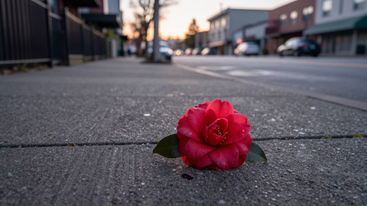 Portland Oregon Dawn Street Scene with Waxy Camellia Blooms and Morning Commuters in in Portland, Oregon, United States