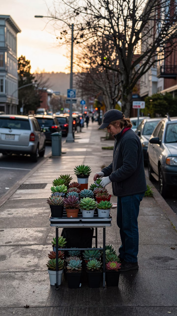 Portland Oregon Dawn Street Vendor Selling Potted Succulents on Sidewalk in in Portland, Oregon, United States
