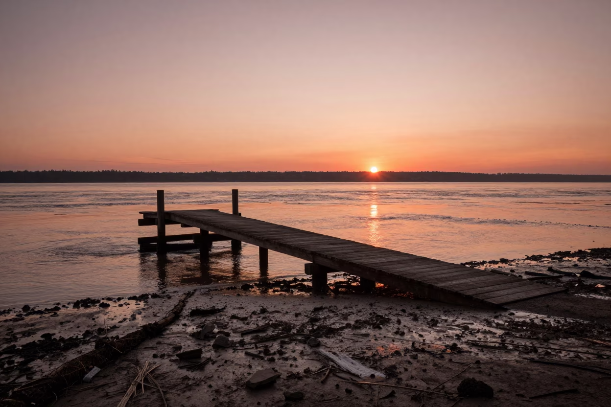 Portland Oregon Dusk Ferry Ramp Piling System Low Tide Copper Light in in Portland, Oregon, United States