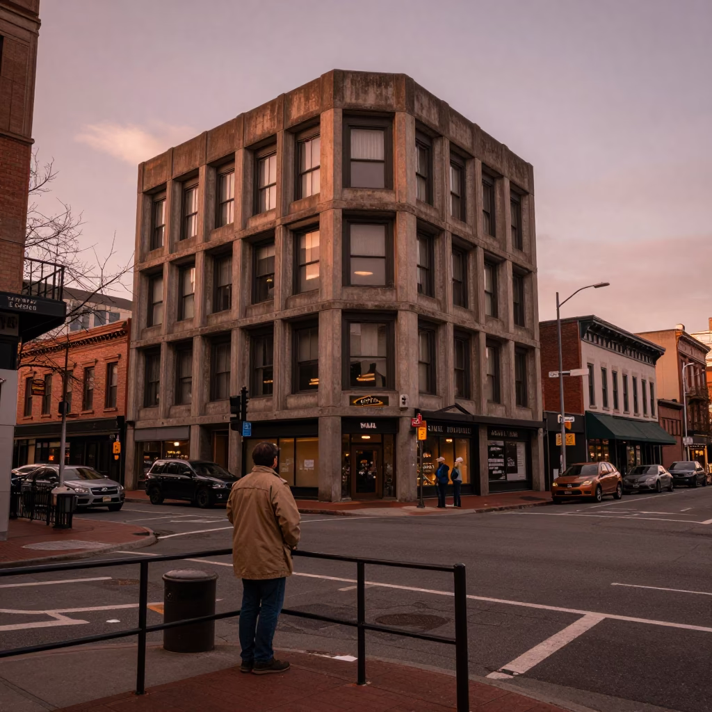 Portland Oregon Dusk Street Scene with Brutalist Architecture and Local Details in in Portland, Oregon, United States