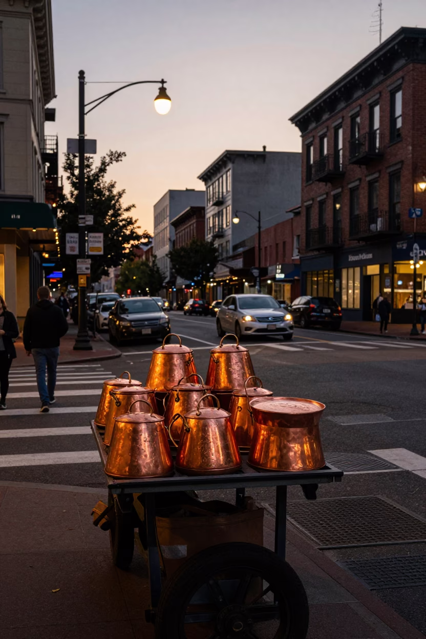 Portland Oregon Dusk Street Scene With Copper Pots And Local Life in in Portland, Oregon, United States