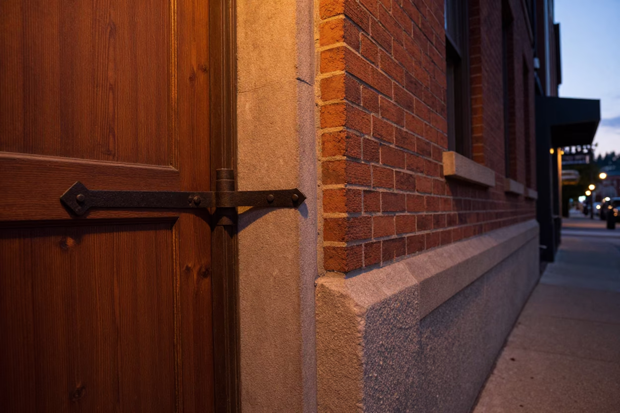 Portland Oregon Dusk Street Scene with Iron Deadbolt and Stone Architecture in in Portland, Oregon, United States