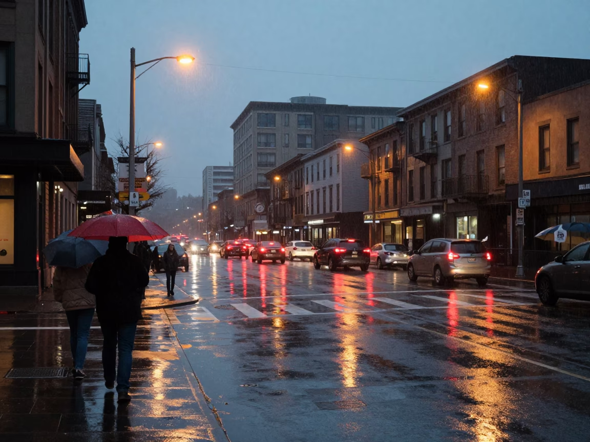 Portland Oregon Dusk Street Scene With Umbrellas And Wet Pavement in in Portland, Oregon, United States