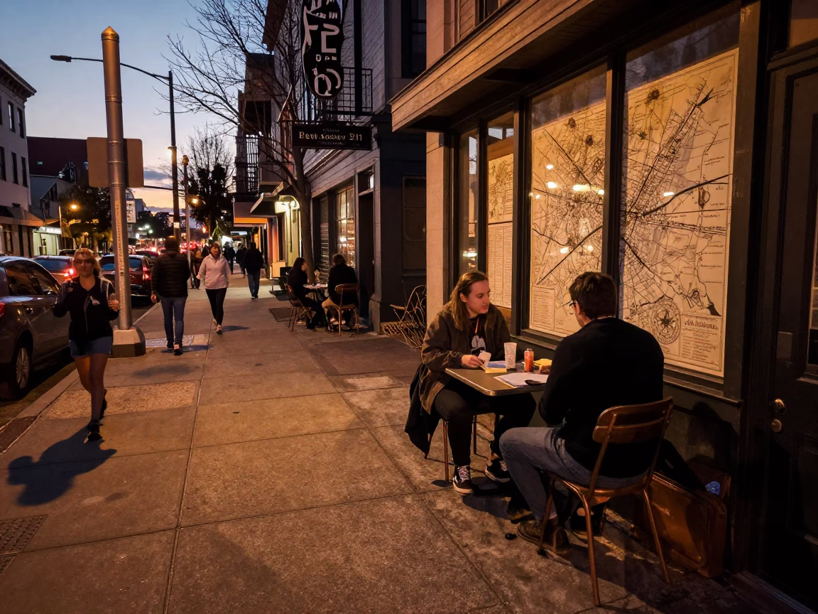 Portland Oregon Dusk Street Scene with Vintage Cartography Tools and Coffee Culture in in Portland, Oregon, United States