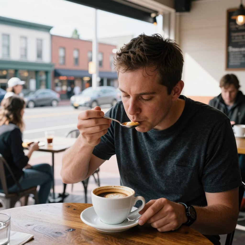 Portland Oregon Early Afternoon Street Scene with Coffee Cupper and Local Flavor in in Portland, Oregon, United States
