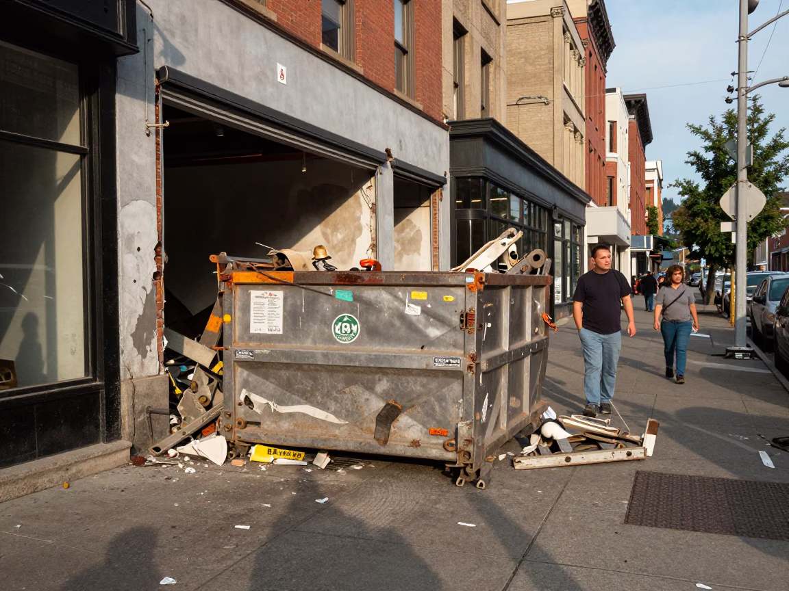 Portland Oregon Early Afternoon Street Scene with Demolition Dumpster and Urban Decay in in Portland, Oregon, United States