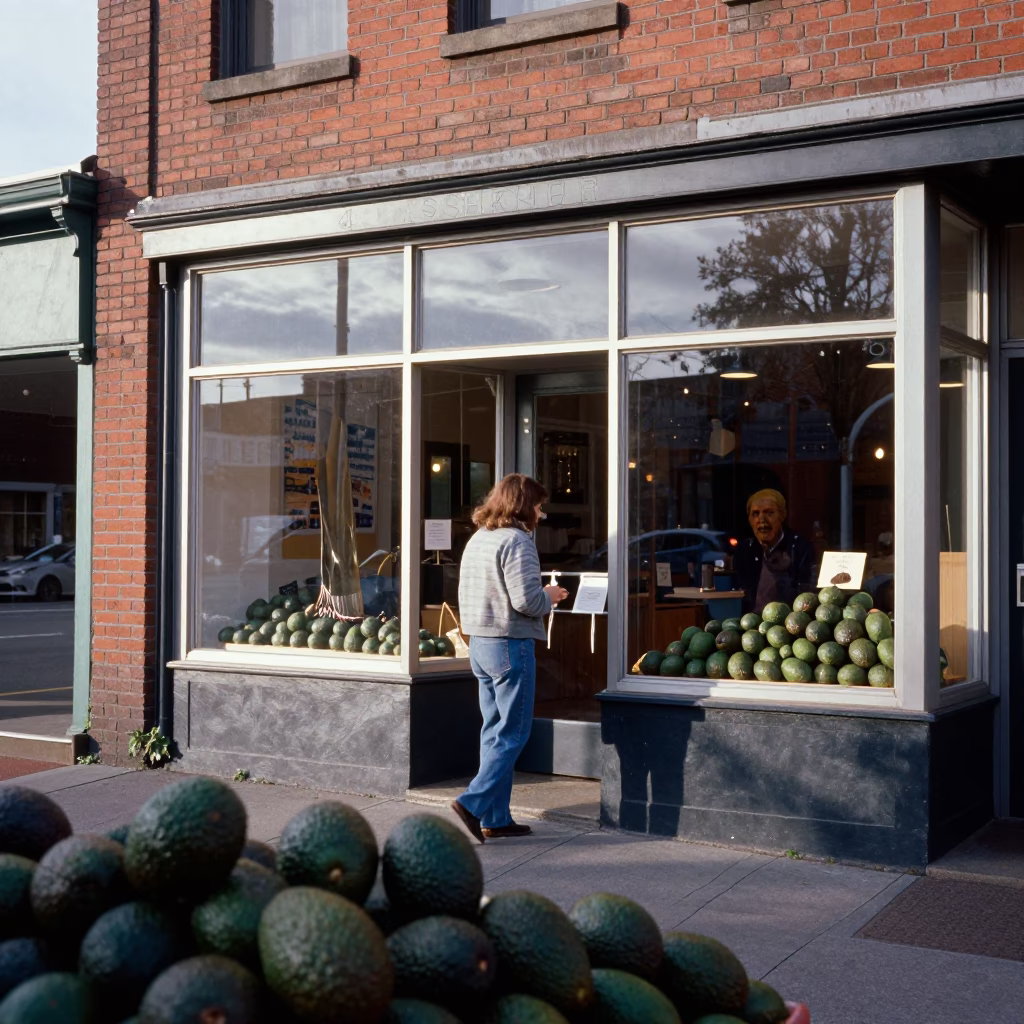 Portland Oregon Early Afternoon Street Scene with Fresh Avocados at Local Market in in Portland, Oregon, United States