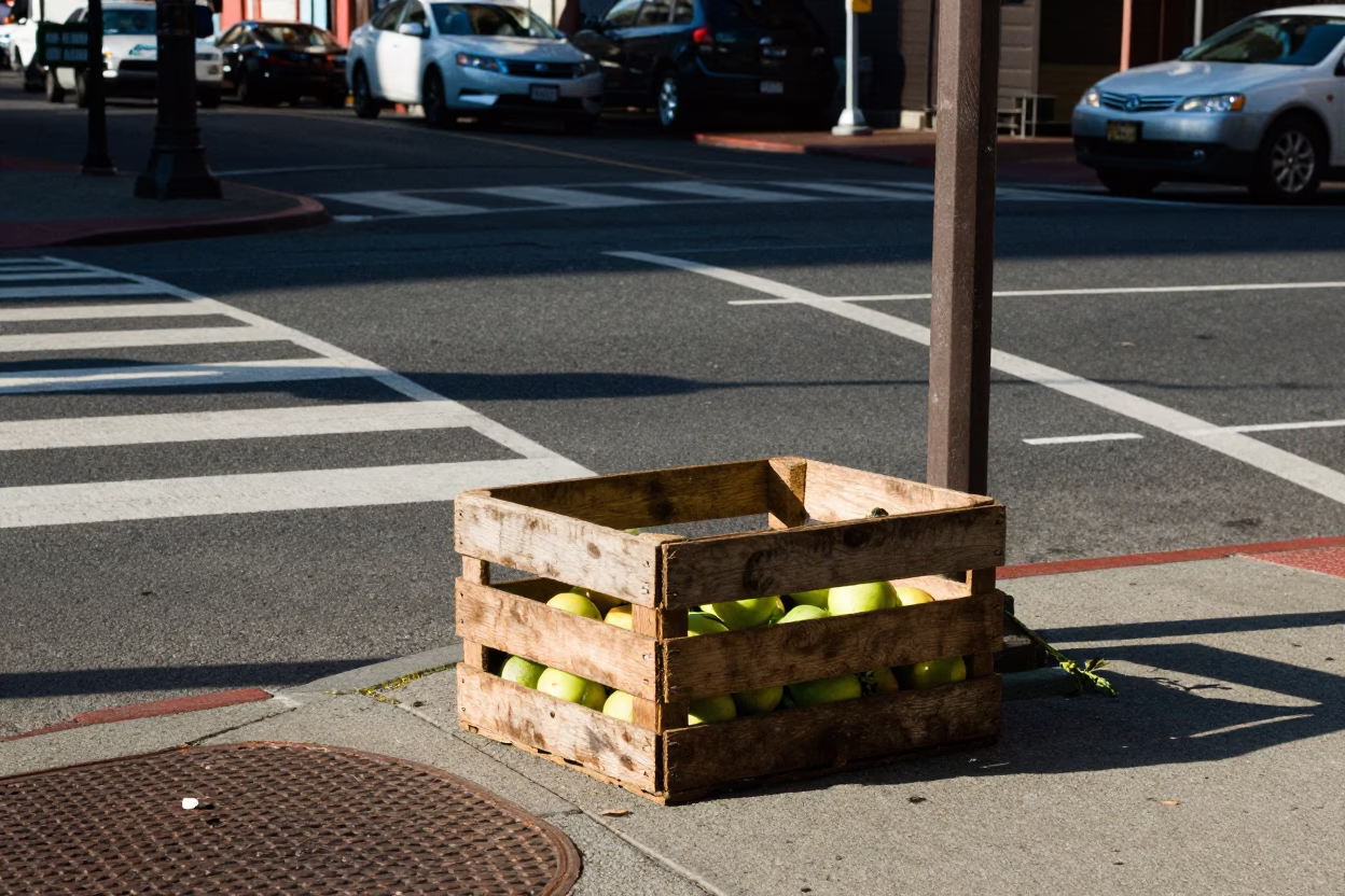 Portland Oregon Early Afternoon Street Scene with Fruit Crate and Urban Elements in in Portland, Oregon, United States