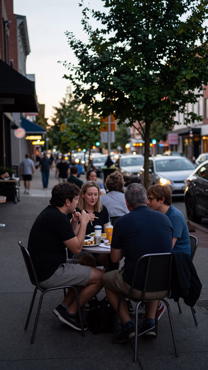 Portland Oregon Early Evening Busy Street Scene with Casual Diners and Local Atmosphere in in Portland, Oregon, United States
