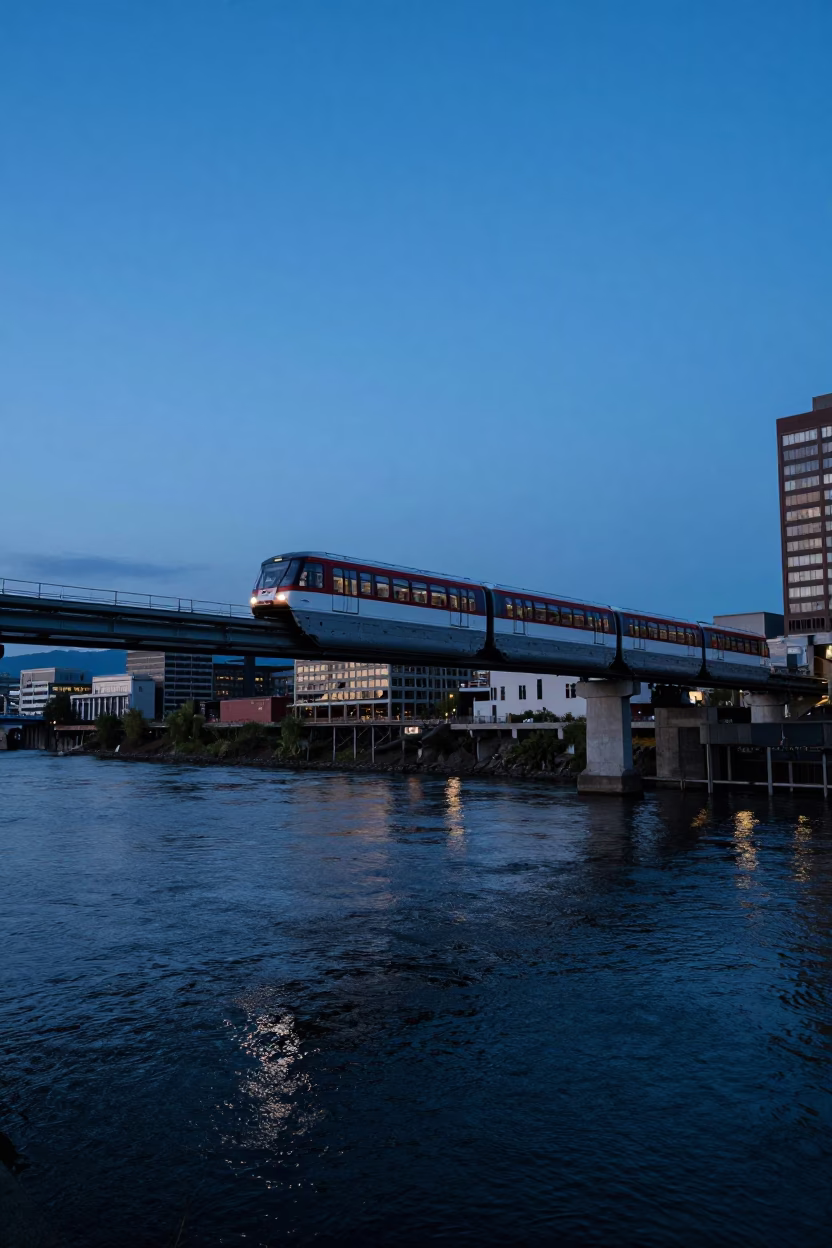 Portland Oregon Early Evening Monorail Blue Hour River View in in Portland, Oregon, United States