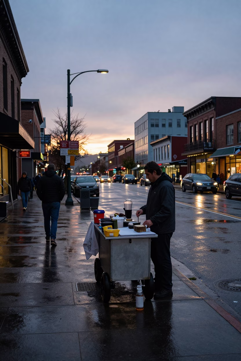 Portland Oregon Early Evening Street Scene with Local Vendor and Urban Details in in Portland, Oregon, United States