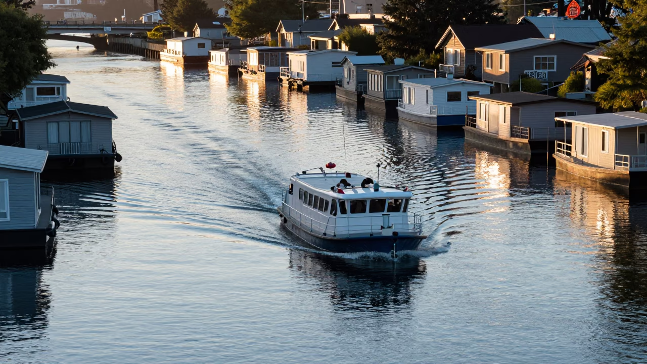 Portland Oregon Early Morning Water Taxi Navigating Canal Among Houseboats in in Portland, Oregon, United States