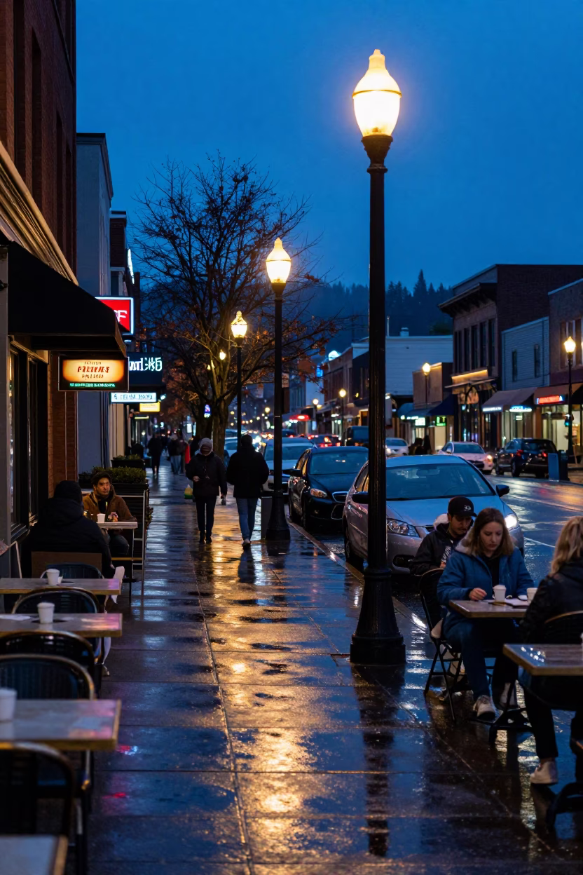 Portland Oregon Evening Blue Hour Street Scene with Local Coffee Culture and Urban Details in in Portland, Oregon, United States