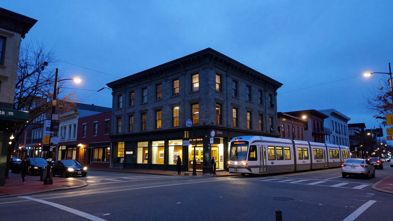 Portland Oregon Evening Blue Hour Street Scene with Tram and Urban Details in in Portland, Oregon, United States