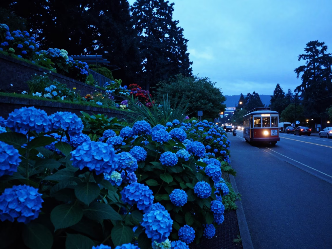 Portland Oregon Evening Blue Light Funicular Gardens Hydrangeas and Street Life in in Portland, Oregon, United States