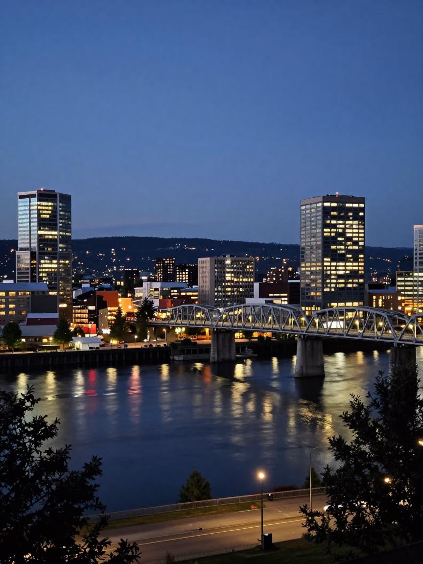 Portland Oregon Evening Cityscape with Glowing Lights and Urban River Scene in in Portland, Oregon, United States