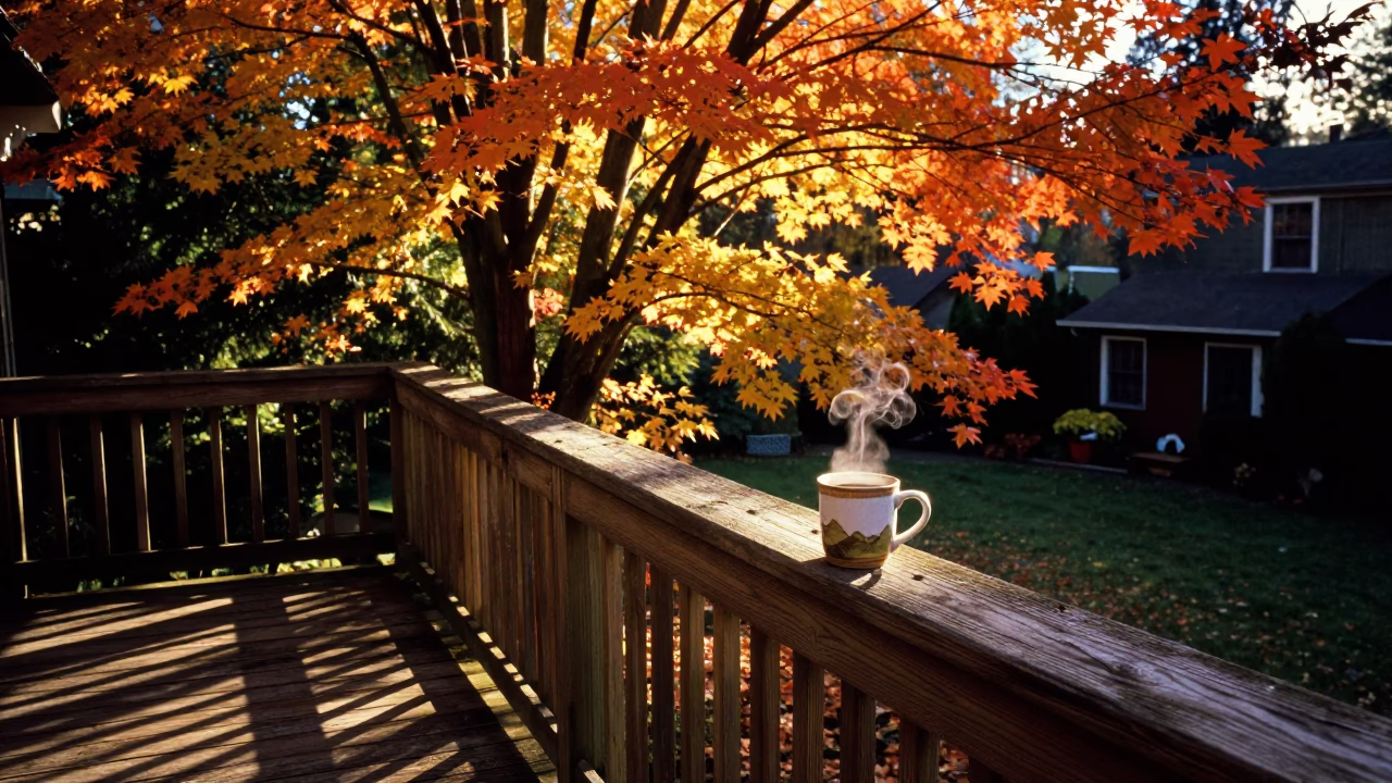 Portland Oregon Evening Light on Wooden Deck with Coffee and Lint in in Portland, Oregon, United States