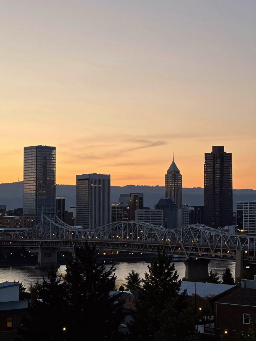 Portland Oregon Evening Skyline View with Bridge and City Lights in in Portland, Oregon, United States