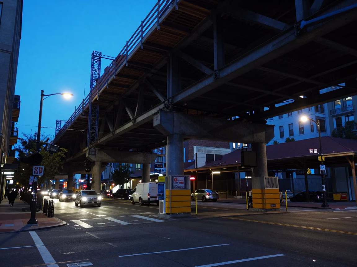 Portland Oregon Evening Street Scene Under Bridge Construction Platform with Welding Sparks in in Portland, Oregon, United States