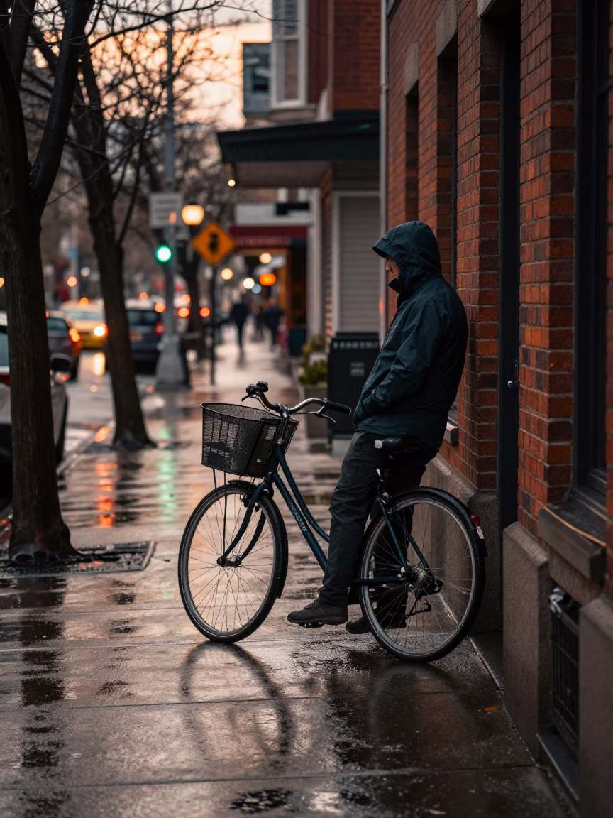 Portland Oregon Evening Street Scene with Bicycle Basket and Rain-Slicked Pavement in in Portland, Oregon, United States