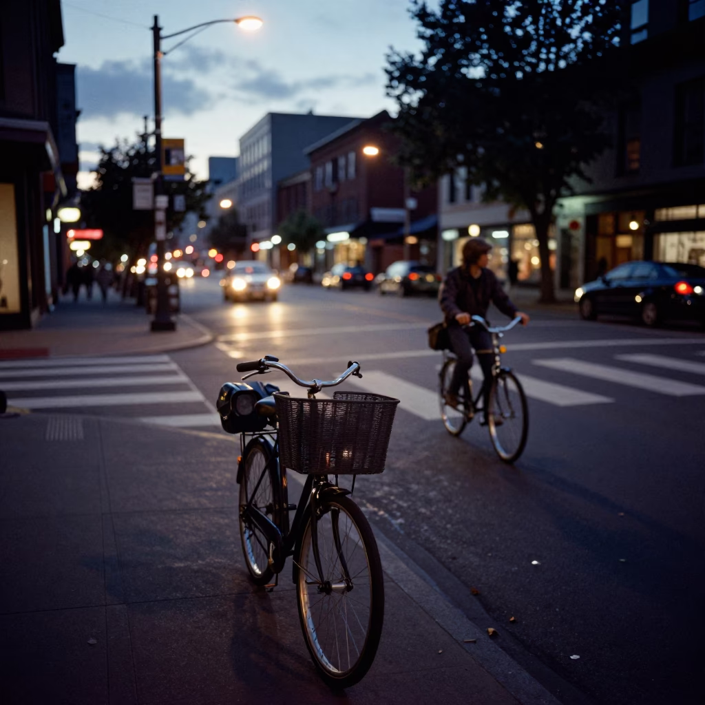 Portland Oregon Evening Street Scene with Bicycle Basket and Urban Details in in Portland, Oregon, United States