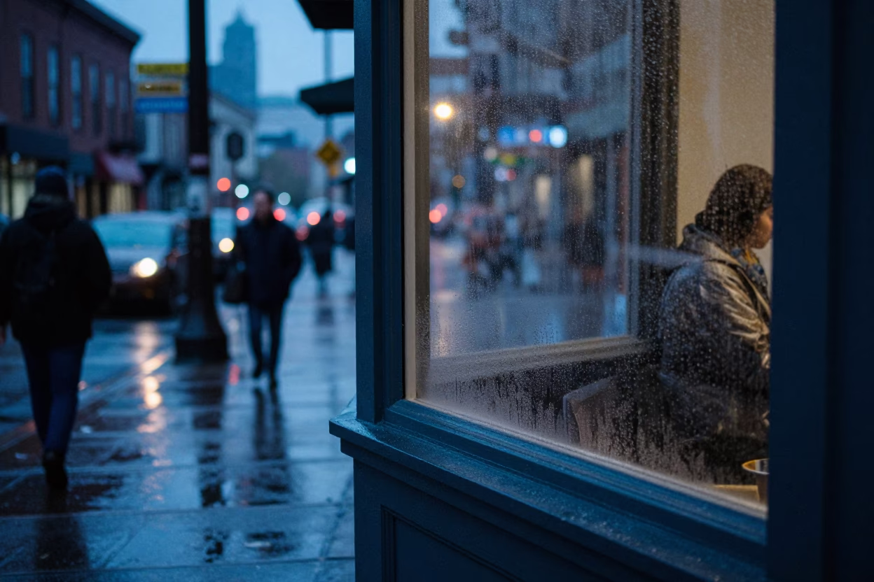 Portland Oregon Evening Street Scene with Condensation on Window Frame and Local Cafe Details in in Portland, Oregon, United States
