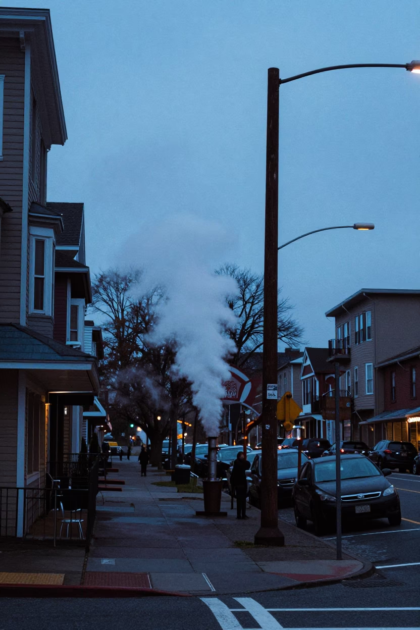 Portland Oregon Evening Street Scene with District Heating Pipe Steam and Frost in in Portland, Oregon, United States