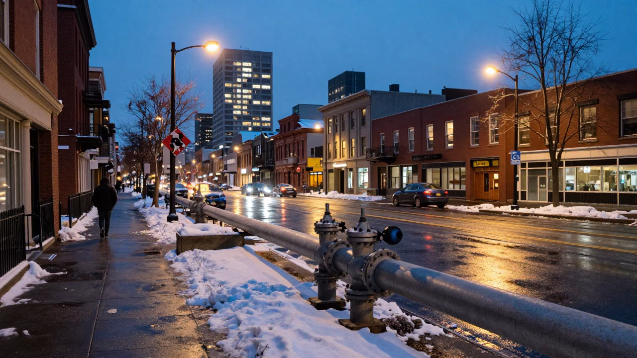 Portland Oregon Evening Street Scene with District Heating Pipes and Snow in in Portland, Oregon, United States