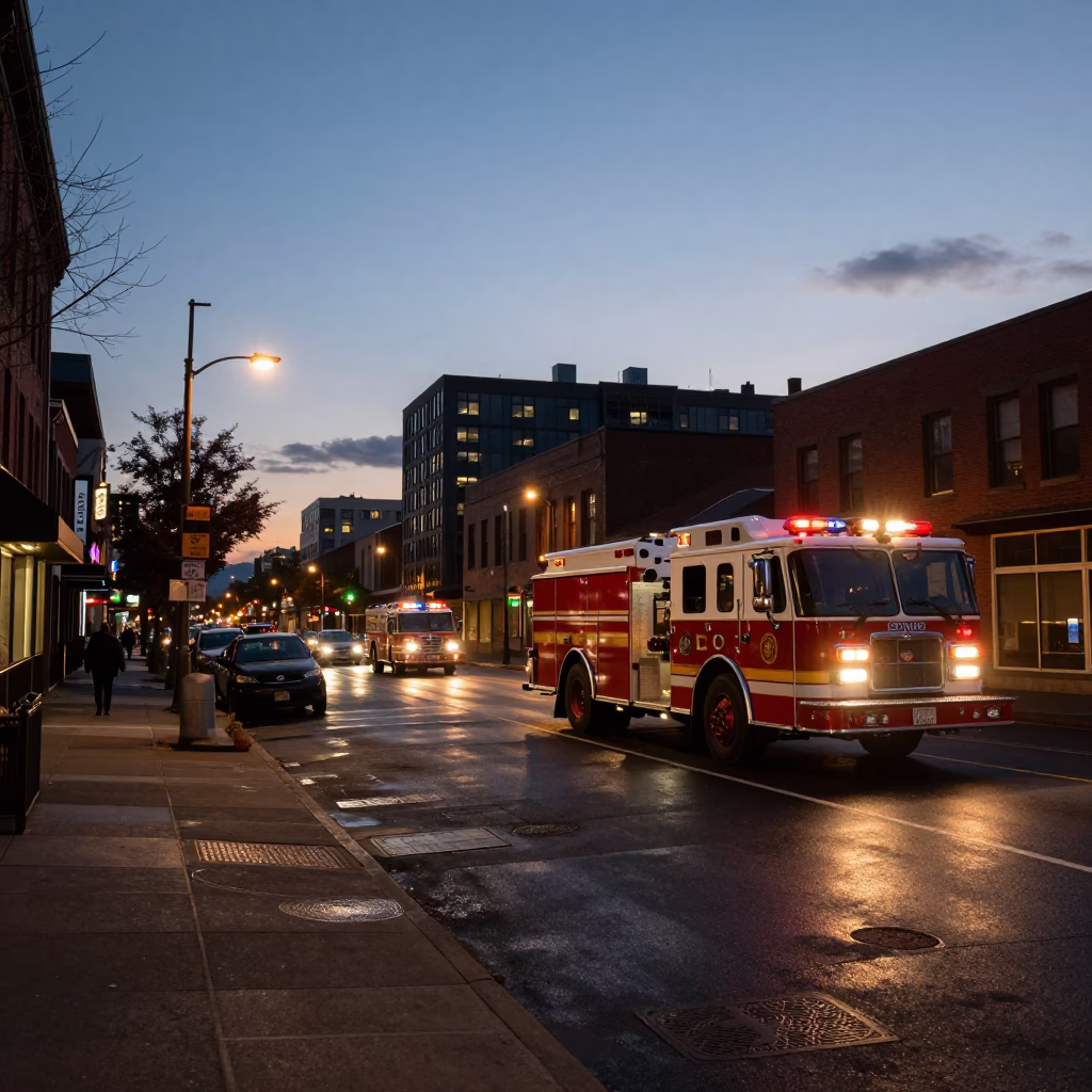 Portland Oregon Evening Street Scene with Fire Engine and Urban Details in in Portland, Oregon, United States