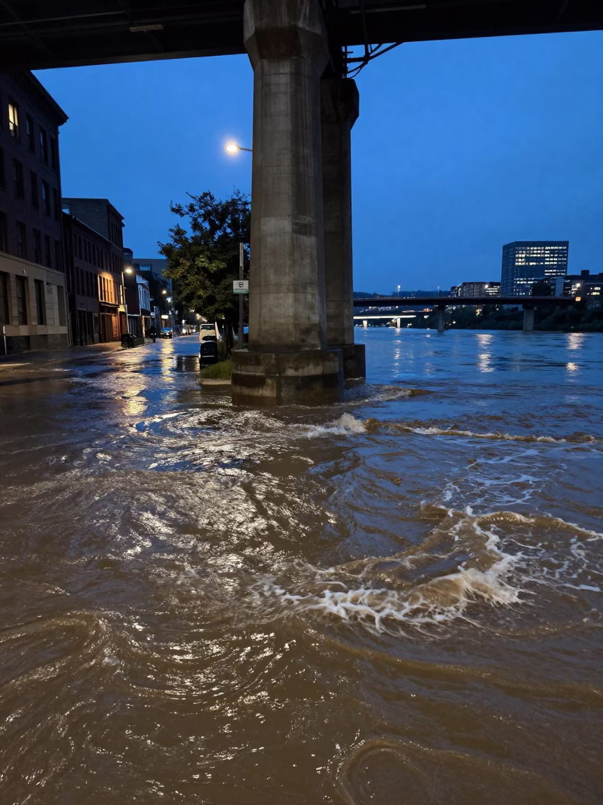 Portland Oregon Evening Street Scene with Muddy Water and Urban Details in in Portland, Oregon, United States