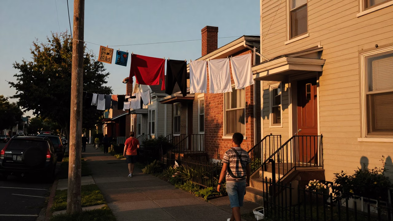 Portland Oregon Evening Street Scene with Notebook and Clothesline in Honeyed Light in in Portland, Oregon, United States