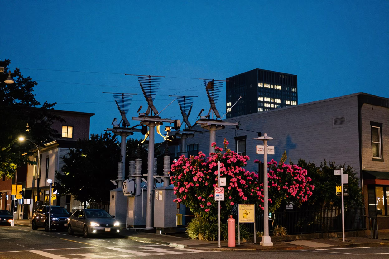 Portland Oregon Evening Street Scene with Power Substation and Foxglove at Twilight in in Portland, Oregon, United States