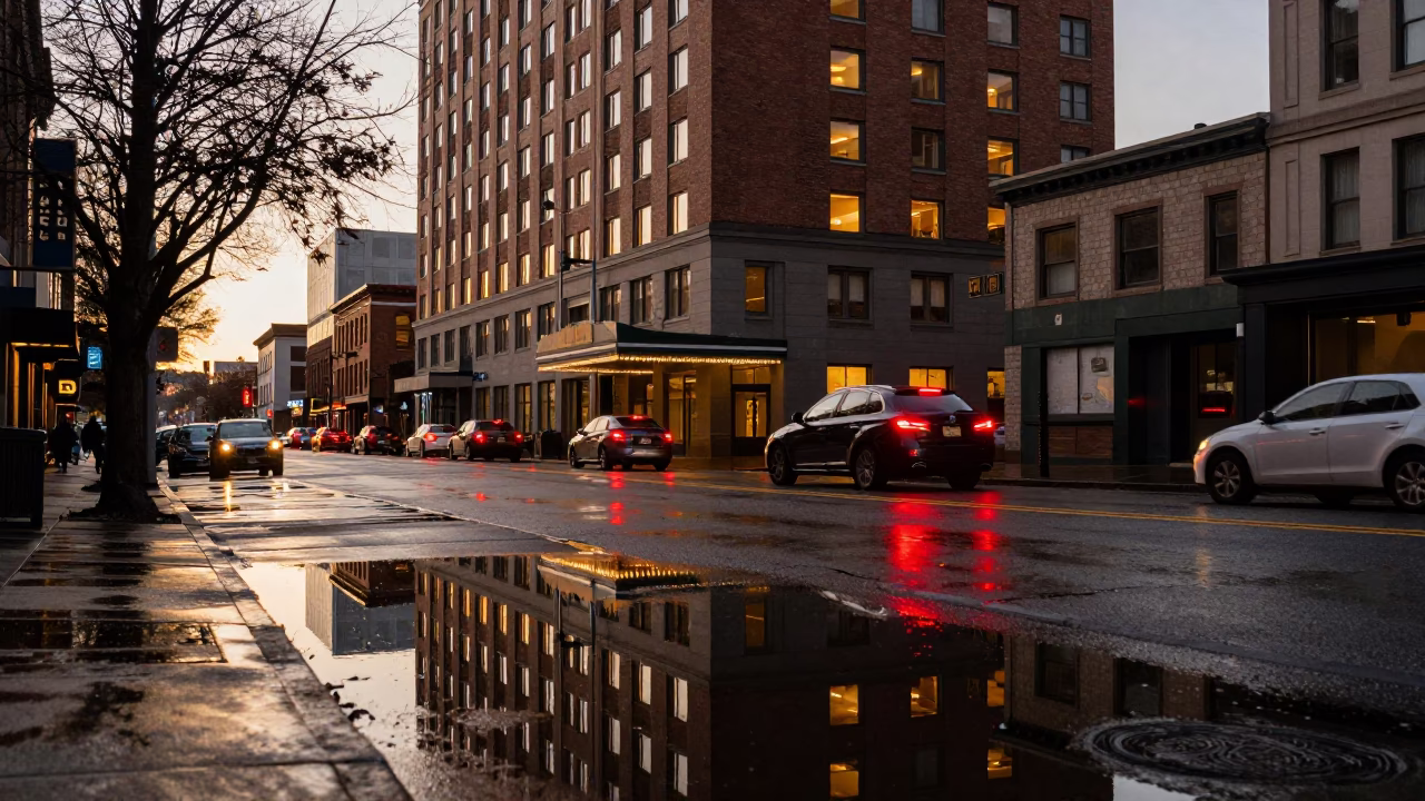 Portland Oregon Evening Street Scene with Puddle Reflection of Hotel Windows and Tail Lights in in Portland, Oregon, United States