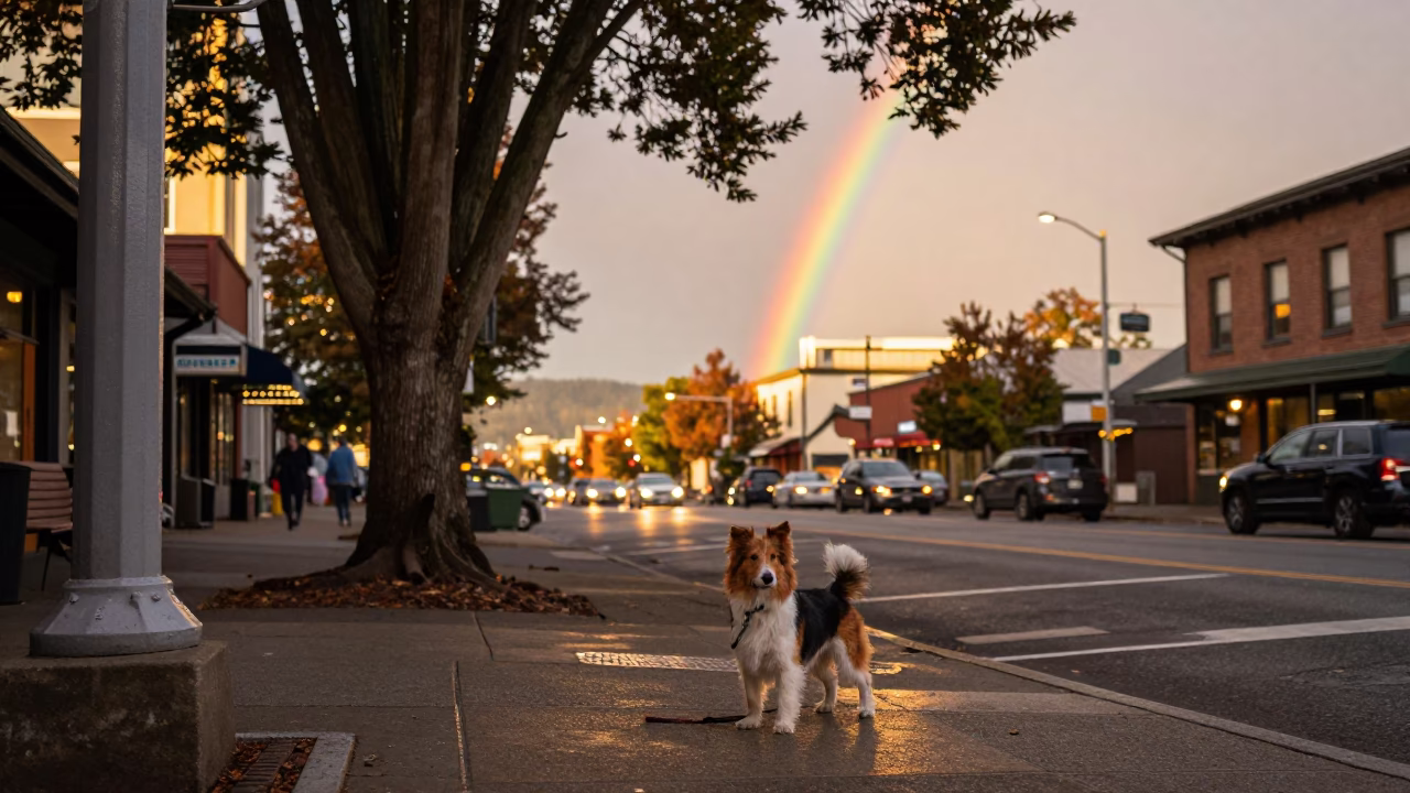 Portland Oregon Evening Street Scene with Rainbow Eucalyptus and Dandie Dinmont Terrier at Dusk in in Portland, Oregon, United States