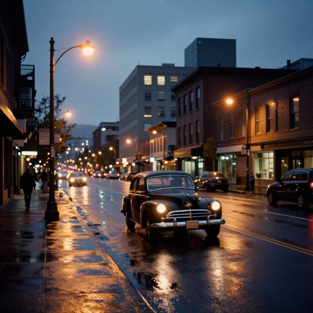 Portland Oregon Evening Street Scene with Vintage Car and City Lights Glowing in in Portland, Oregon, United States