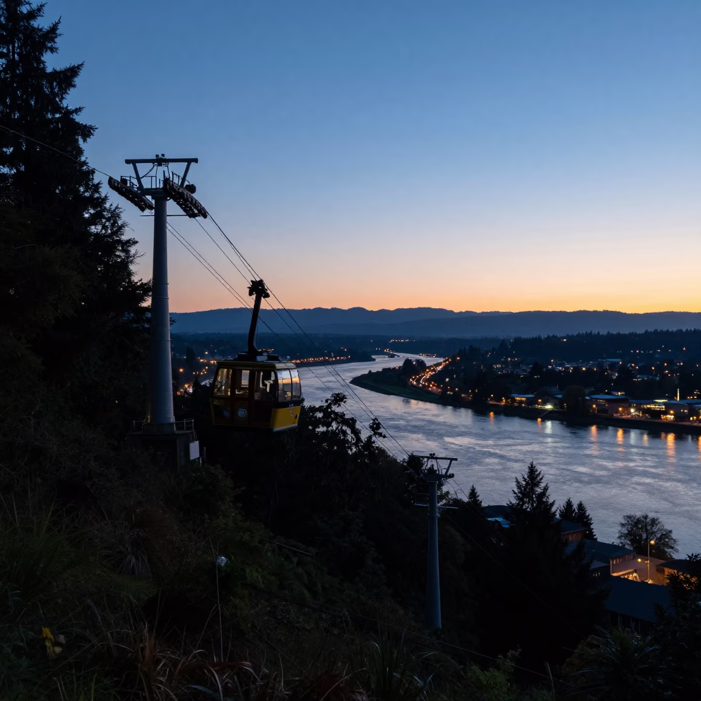 Portland Oregon Funicular Climbing Steep Hill at Nautical Dawn with City Skyline in in Portland, Oregon, United States