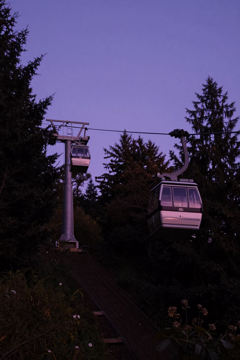 Portland Oregon Funicular Climbing Steep Hill in Indigo Twilight After Sunset in in Portland, Oregon, United States