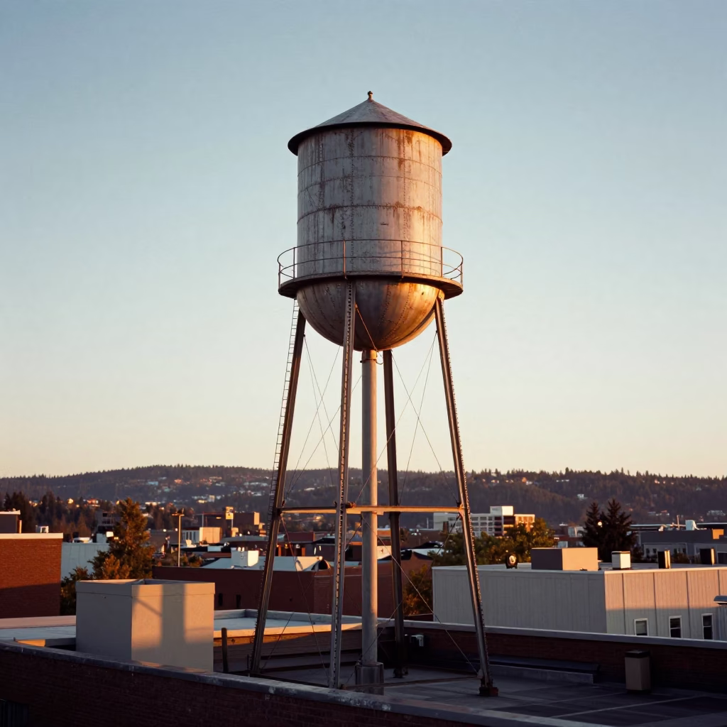 Portland Oregon Golden Hour Rooftop Water Tower and Urban Skyline View in in Portland, Oregon, United States