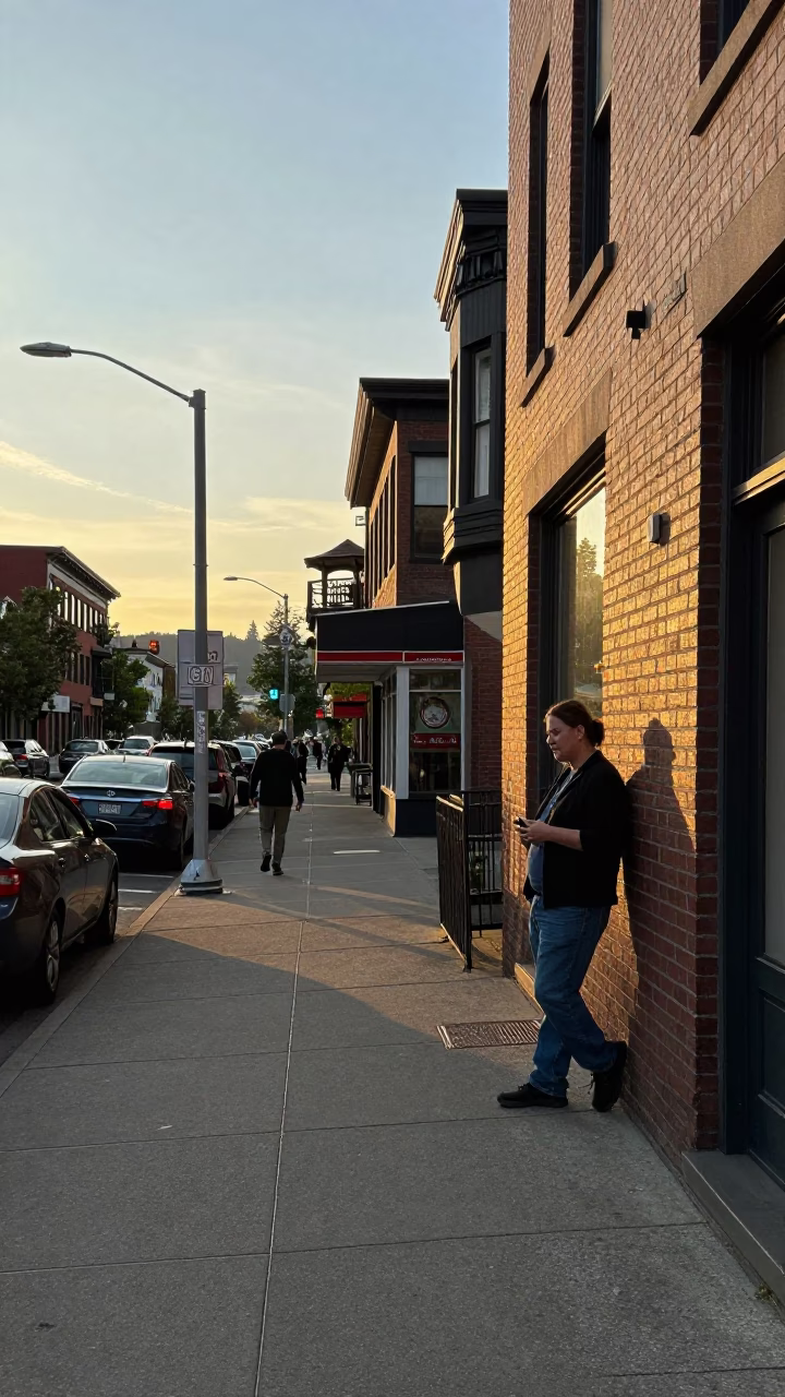 Portland Oregon Golden Hour Street Scene with Vintage Carafe and Urban Details in in Portland, Oregon, United States