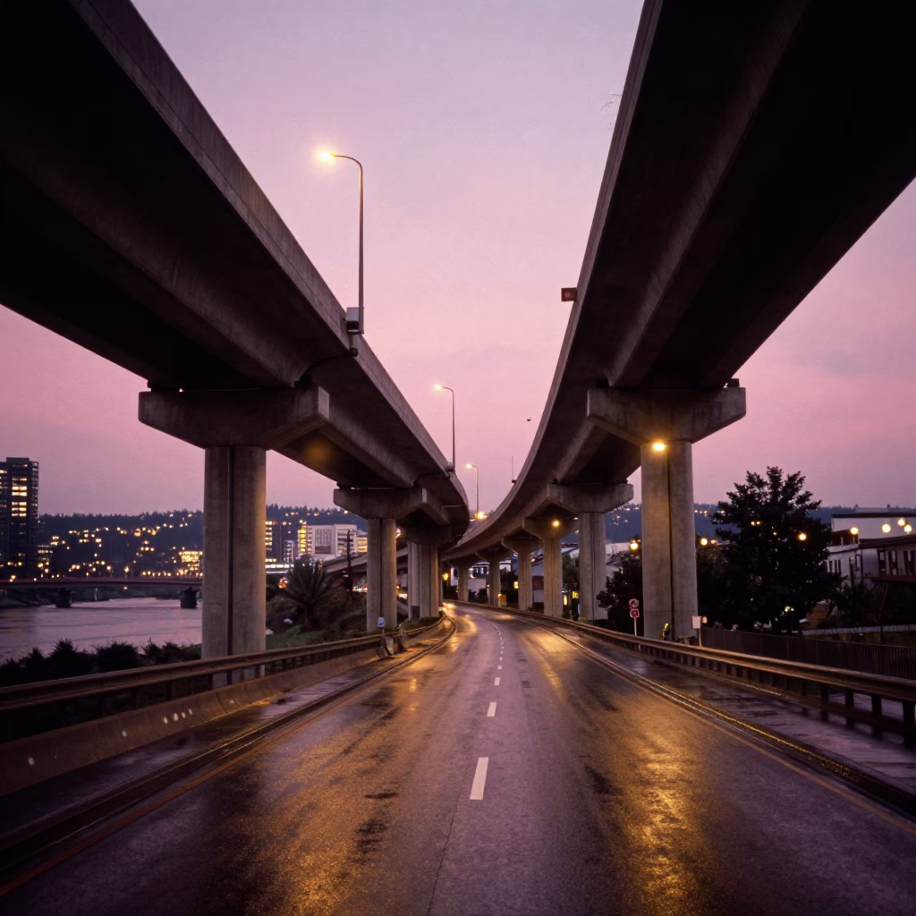 Portland Oregon Highway Flyover at Dusk with River Water and City Lights in in Portland, Oregon, United States
