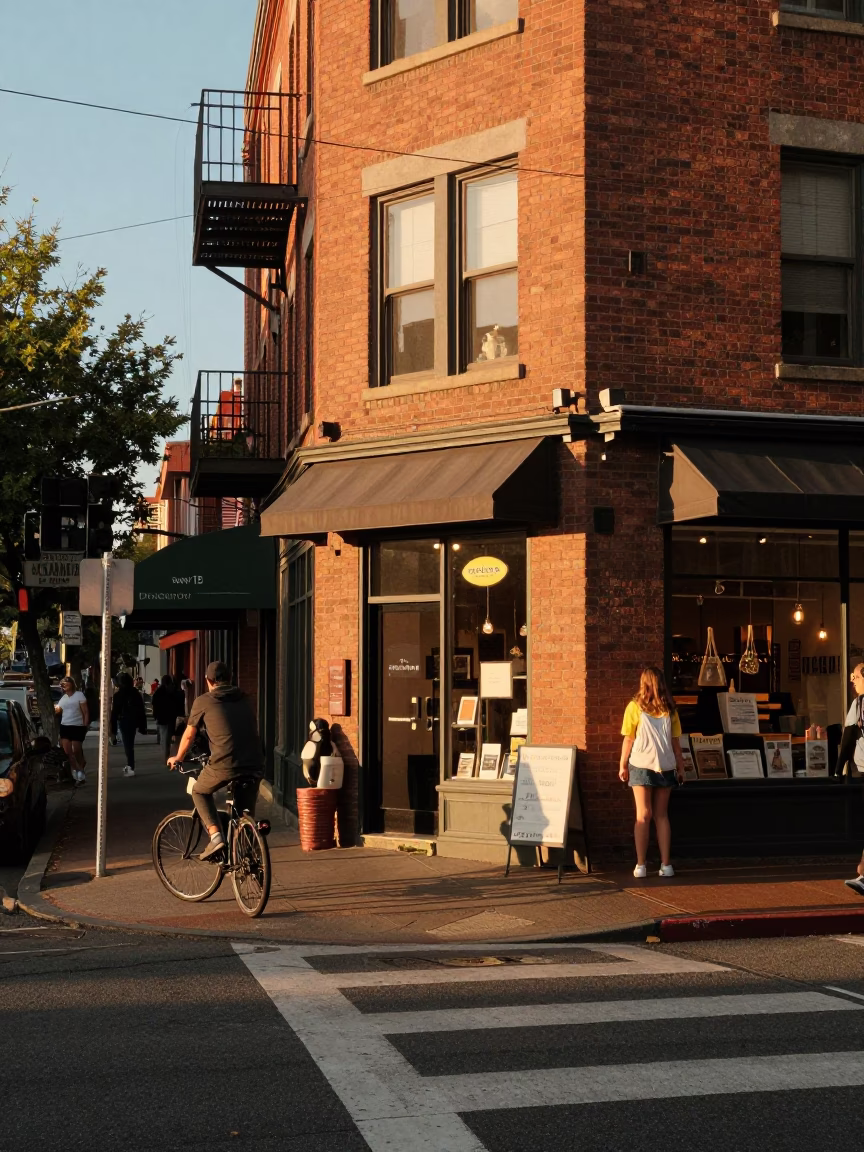 Portland Oregon Honeyed Evening Street Scene with Local Shop Display in in Portland, Oregon, United States