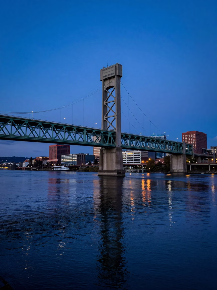Portland Oregon Indigo Twilight Drawbridge Counterweight Tower Reflected in Oil Slick Harbor Water in in Portland, Oregon, United States