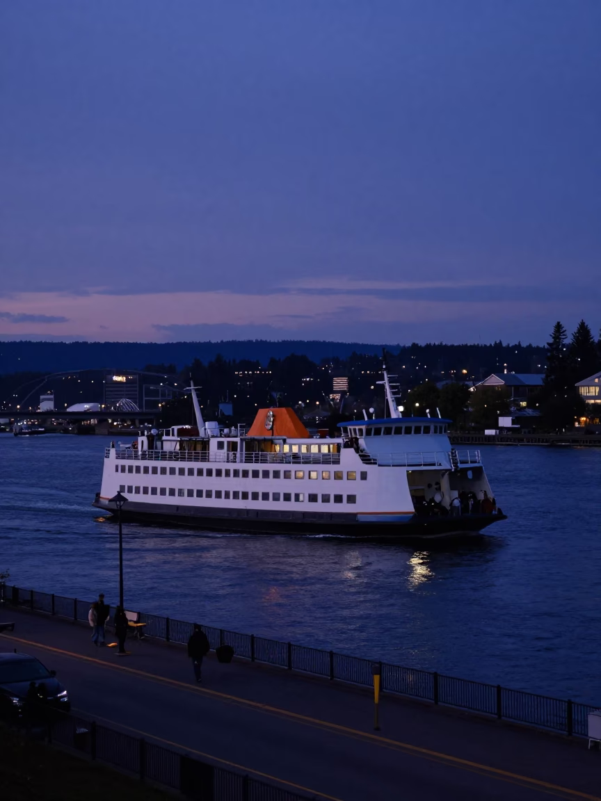 Portland Oregon Indigo Twilight Street Scene with Chain Ferry and Substation Puddles in in Portland, Oregon, United States