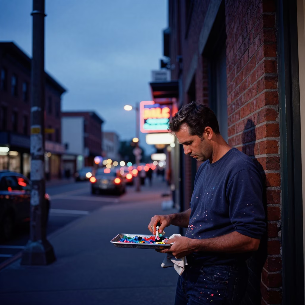 Portland Oregon Indigo Twilight Street Scene with Paint Flecks and Local Atmosphere in in Portland, Oregon, United States