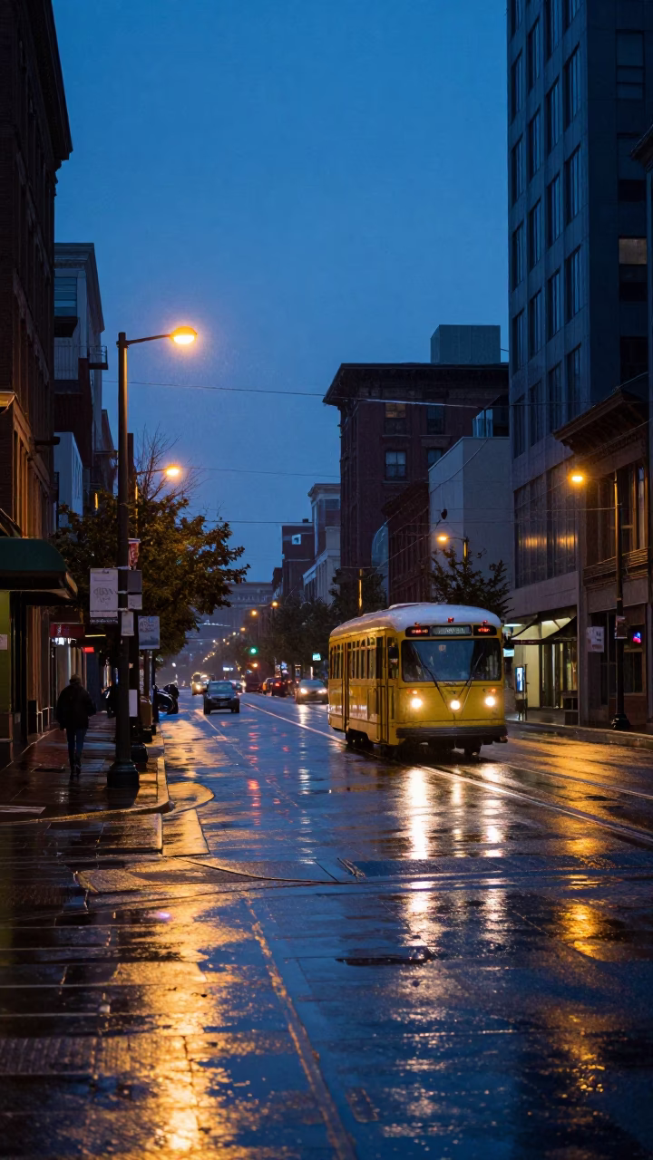 Portland Oregon indigo twilight street scene with rain and city lights in in Portland, Oregon, United States