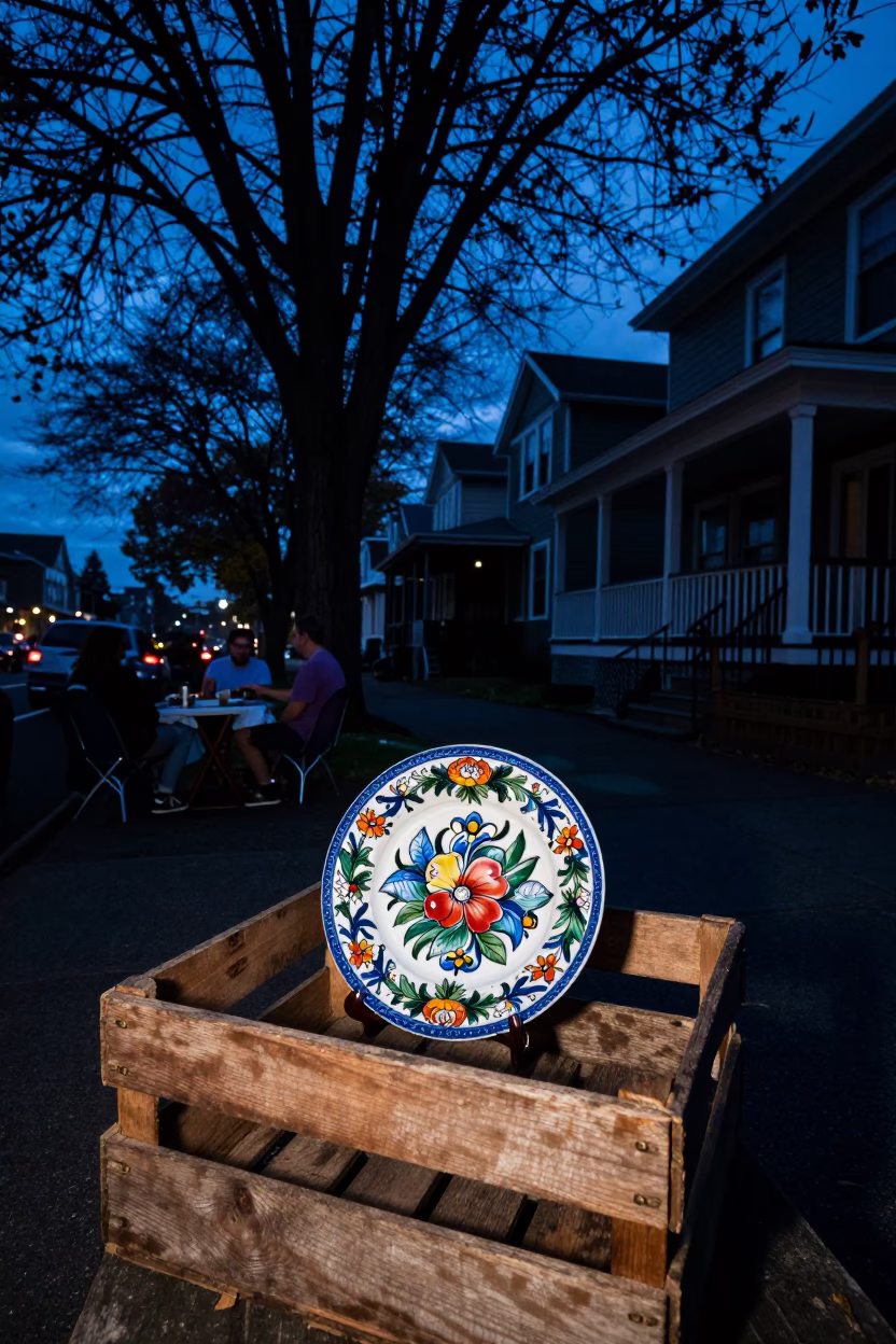 Portland Oregon indigo twilight street scene with vintage majolica plate and fruit crate in in Portland, Oregon, United States